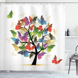 Ambesonne Árbol de la Vida Cortina de Baño, Animales Polilla Árbol, Paño Conjunto de Decoración de Baño de Tela y Ganchos, 84" Extra Alta, Multicolor