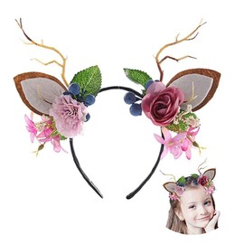 Little Girl Deer Antlers Ears Flower Headband Kid Hair Hoop Christmas Costume (Green) (OJY1)