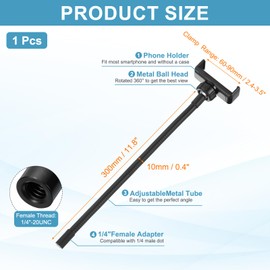 PATIKIL 11.8" Flexible Adjustable Gooseneck with Phone Clip, 1/4" Female Threaded Gooseneck Arm for Most Holder Threaded Adapter, Black