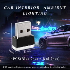 Yourkar 4 PCS USB LED Car Interior Atmosphere Lamp, Plug-in USB Interface Trunk Ambient Lighting Kit, Night Led Decoration Mini USB Light, Universal Interior Car Accessories (Blue+Red)