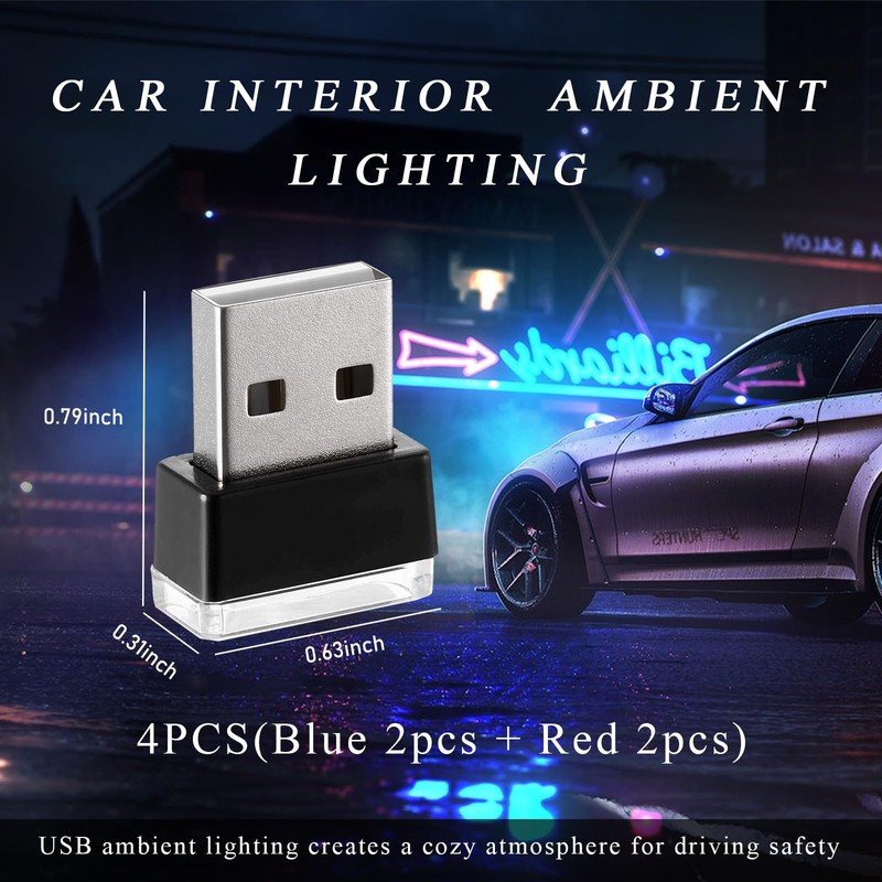 Yourkar 4 PCS USB LED Car Interior Atmosphere Lamp, Plug-in
