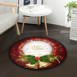Christmas Bells Round Area Rug Soft Non Slid 3 ft Holly Berries Circular Carpet Floor Mat for Living Room Bedroom Dining Home Seasonal Holiday Decor Washable