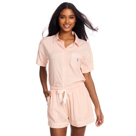 U.S. Polo Assn. Summer Pajamas for Women - Woven PJ Set with Button Up Top and Shorts - Lounge Sets for Women Plus Size (Peach, 3X)