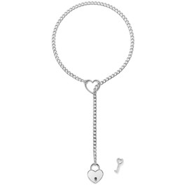 sroyte Silver Heart Slip Chain Necklace for Women Stainless Steel Heart O-Ring Adjustable Lariat Y-Necklace Punk Long Cuban Chain Lock Necklace with Key (25", Silver heart lock)
