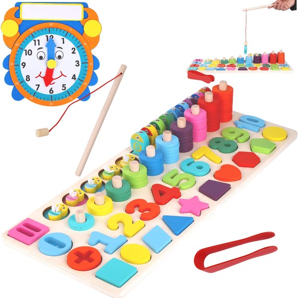 Wooden Montessori 7 - 1 Puzzle Set–Shape Sorter Counting Game, Preschool Education Math Stacking Block Learning Wood Math, Number, Shape, Picking, Stacking, Counting, Fishing Set with Learning Clock