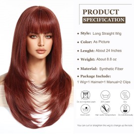 Esmee Long Straight Burgundy hair Bangs Layered wig for Women Breathable Comfortable Natural Realistic Women Party Wigs Use-24 Inches