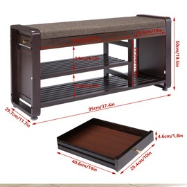 YUKOOL Bamboo Shoe Storage Bench, 3-Tier Shoe Rack with Padded Seat Cushion, Shoe Organizer Shelves for Entryway, Living Room, Bedroom, Hallway, Grey 37.4”