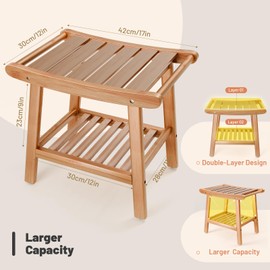 Bamboo Shower Bench for Inside Shower to Sit on,Waterproof Shower Stool for Shaving Legs,Spa Bathroom Shower Chair with Storage Shelf, Bathroom Bench Seat for Senior Adult Disabled Elderly