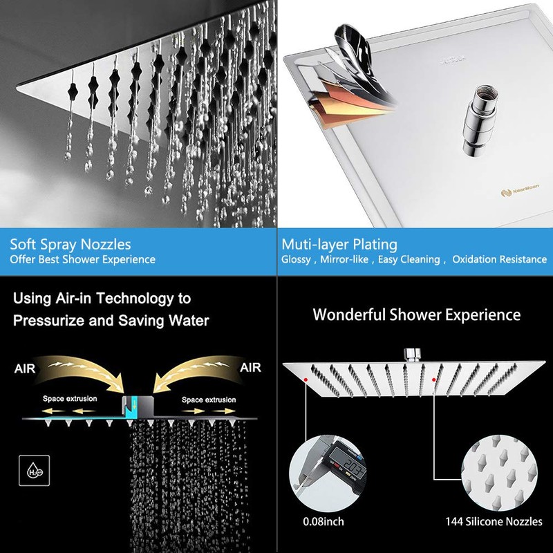 NearMoon Rain Shower Head, High Flow Stainless Steel Square Rainfall