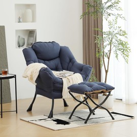 Furlide Lazy Chair with Ottoman, Modern Chair with Folding Footrest, Lounge Accent Chair, Comfortable Reading Chair (Navy Blue)