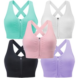 Evercute Zip Front Post-Surgery Bra Women's Wireless Sports Bras Padded Strappy Medium Support Yoga Exercise Athletic Bras, Black White Pink Lavender Lime-green 5 Pack, Large