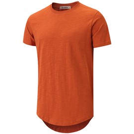 KLIEGOU Men's Slub Cotton Longline T-Shirt | 100% Textured Cotton Tee | Curved Hem Crew Neck Shirt | Pre-Shrunk Orange L