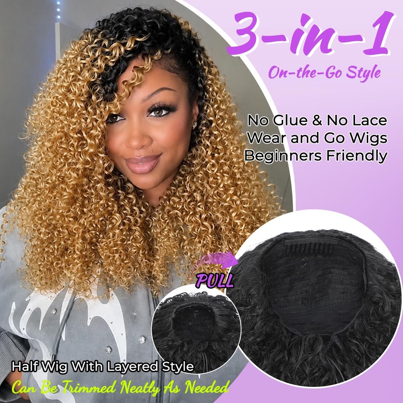 20" Kinky Curly Half Wig 210% Density Synthetic Half Wig