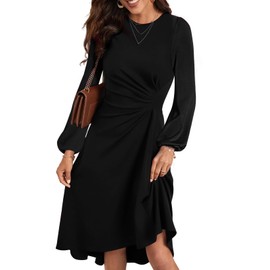 Happy Sailed Women's Formal Midi Dresses Winter Fall Long Sleeve Ruched Waist Asymmetrical Hem Flared A Line High Low Cocktail Party Dress Black XX-Large