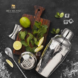 Ibex Shaker Cocktail Set Stainless Steel SUS304-7 Pieces Barman with Pouring, Measuring Cup, Spoon, Muddler, Mixer, Ice Tongs and Recipe Tongs