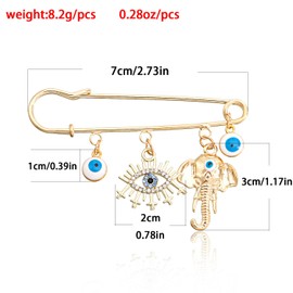 Lucky Charm Evil Eye Brooch Pin Turkish Eye with Long Hanging Tassels Lapel Pin for Women Men Rhinestone Eye Shape Chain Tassels Safty Pin Jewelry for Wedding Party (evil+elephant)