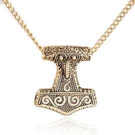 SINLEO Men's Stainless Steel Viking Norse Odin Thors Mjolnir Hammer Pendant Necklace 24inch Ball Link Chain Gold Small
