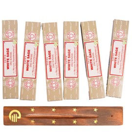 Original Satya White Sage Incense Sticks Pack of 6X 15G with Greensense Holder for Aromatherapy, Spa, Yoga, Weddings, Meditation, Healing, Positivity and Relaxation