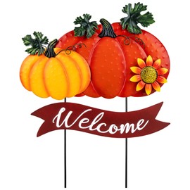 Fall Decorations for Home Outdoor - 21.2" Metal Pumpkin Yard Stakes with 2-Pumpkin Welcome Sign & Glitter Sunflower - Decorative Garden Stakes for Outside Garden Yard Lawn Patio Porch Decor
