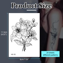 BAMTTOO 24 Sheets Temporary Tattoos Stickers Long Lasting Flower Temporary Fake Tattoos For Men Women Arm Neck Fake Body Arm Chest Shoulder Tattoos