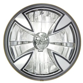 Adjure T70X00-SR 7" Iron Cross Skull Bulb Cover Motorcycle Headlight with H4 Bulb