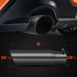 LCGP 2.75" Black Exhaust Tip,2.75" Inlet 3.5" Outlet 12" Stainless Steel Powder Coated Diesel Tailpipe Rolled Angle Cut,Bolt On