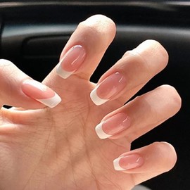 BQZQPAMZ 24pcs White French Tip Press on Nails, Pink Medium Square Fake Nails Glue on Nails Glossy Acrylic Nails for Women Daily Manicure Decoration Supplies