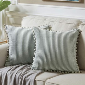 Fancy Homi Pack of 2 Farmhouse Decorative Throw Pillow Covers with Pom-poms, Soft Corduroy Accent Solid Square Cushion Case Set for Couch Sofa Bedroom Car Living Room (18x18 Inch/45x45 cm, Grey)