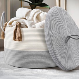 Noonkty Woven Basket with Lid, XXL Large Basket for Blankets, Cotton Rope Baskets for Storage, Laundry Baskets Toy Storage for Living Room Nursery Bedroom, Grey Basket