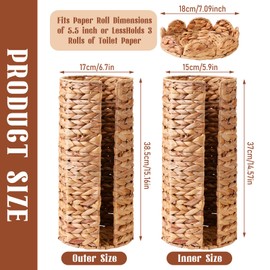 Fiwochic Wicker Toilet Paper Holder with Lid, Woven Paper Roll Holder Boho Rattan Toilet Papers Roll Stand for Bathroom Organizer and Storage Farmhouse Tissue Storage for 3 Mega Rolls(Water Hyacinth)