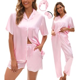 Silk Pajamas for Women Satin Pajama Set 3 Pcs Ruffle Hems Short Sleeve Shorts with Pants Button Down Pjs Set Sleepwear (Pink,S)