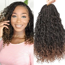Iluadme 8 Pack Bohomian Box Braids Crochet Braids14 Inch Crochet Boho Box Braids With Curly Ends Ombre Goddess Box Braids Crochet Hair Synthetic Crochet Hair Extensions T30(14inch,8packs,T1b/30)