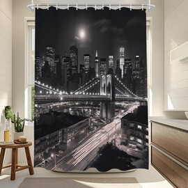 Western New York City Shower Curtain Simple Modern Night Scene Mens Bath Curtains Set Manhattan Brooklyn Retro Designer Black and White Fabric Waterproof Bathroom Accessory with Hooks 72 x 78 Inch