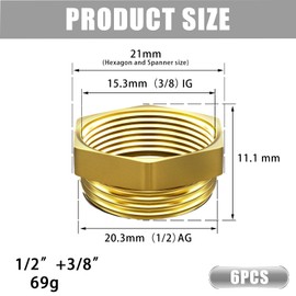 Aitsite Reducer 3/8 to 1/2 inch made of brass, reduction thread fitting with hexagon, 1/2 inch male thread x 3/8 inch female thread, brass fitting for pipe connection (6 pieces)