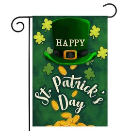 LHSION Happy St Patricks Day Garden Flag 12.5 x 18 Inch Shamrock Clovers Green Hat Decorative Double Sided Small Flag for Farmhouse Yard Outdoor Holiday Decor