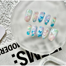Press On Nails False Nails Coffin nail Butterfly Water Rainbow Colors Modern Style (Water, XS)