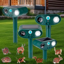 4 Pack 2026 Solar Ultrasonic in Repellent Defender Rat, Squirrel, Deer, Raccoon, Skunk, Rabbit, Mole, Dog, Cat, Waterproof with Motion Detector, LED Flash Lights for Yard Lawns