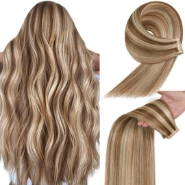 YDDM Tape in Hair Extensions Human Hair Chestnut Brown Highlighted Bleach Blonde 100% Remy Human Hair 20pcs 16 Inch Straight Seamless Invisible Tape in Hair Extensions(P6/613#, 16 Inch)