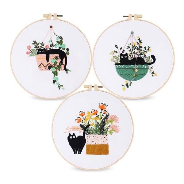 Joyeee Embroidery Starter Kit for Beginners Adults, 3 Set Cat+Green