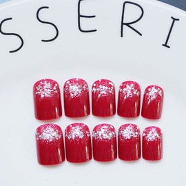 Jovono Glitter Sequin Full Cover Acrylic Red Elegant Wedding Birthday Party Clip On Nails for Women Girls (No Glue)