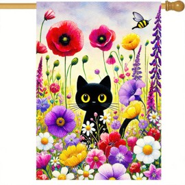 BlissYard Spring Black Cat Garden Flag Funny Floral Cat Garden Flag 12×18 Inch Double Sided Welcome Yard Flag Spring Seasonal Outdoor Colorful Floral Farmhouse Holiday Outside Decorations