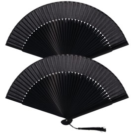 Pack of 2 Hand Fans, Foldable Fans, Black Chinese Fans, Bamboo Wood Fabric Fans, Pocket Fans, Folding Fans for Summer, Wedding, Preferential Performance, Dance Decoration