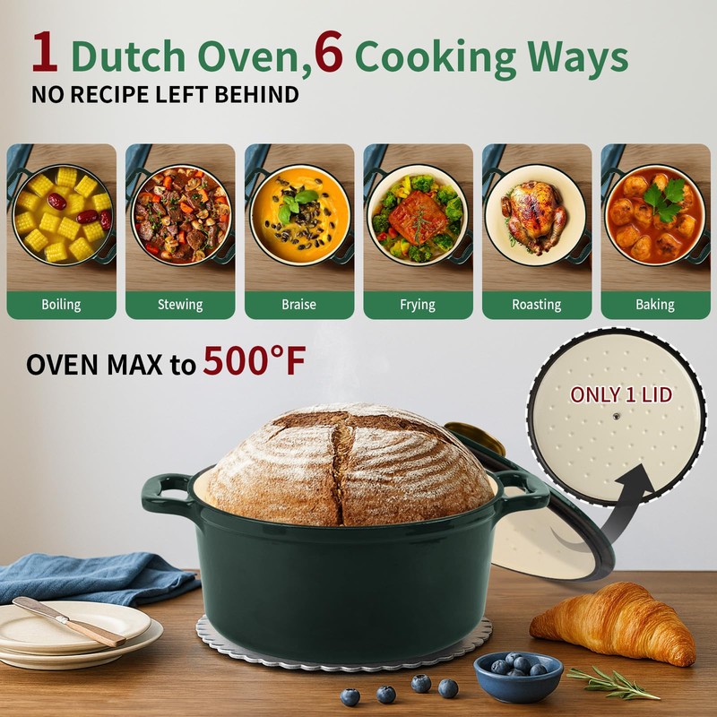 Tastedeli Enamel Cast Iron Dutch Oven with Lid, Round Casserole