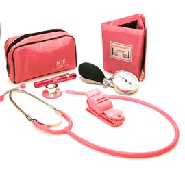Pink Aneroid Blood Pressure Monitor Sphygmomanometer, Stethoscope, Pen Light (Pen Torch) and Tourniquet - GP Set