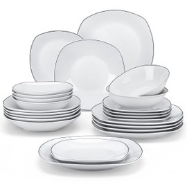 MALACASA Dinnerware Sets, 24 Piece Porcelain Square Dishes, White with Black Rim Plates and Bowls Sets, Ceramic Dish Set for 6, Chip Resistant Dishware Sets, Series ELISA