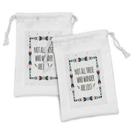 Lunarable Not All Who Wander Are Lost Fabric Pouch Set of 2, Aztec Bohemian Geometric Motifs with Angled Lines and Words, Small Drawstring Bag for Toiletries Masks and Favors, 9" x 6", Multicolor