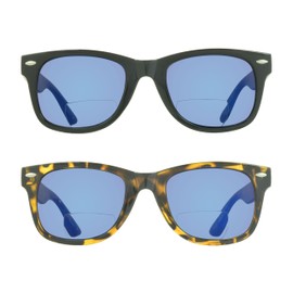 proSPORT 2 Pairs of BIFOCAL Sunglass Readers +2.25 Horn Rim Frame with Blue Flashed Mirrored Lenses for Men and Women - Glossy Black and Gloss Tortoise Frames