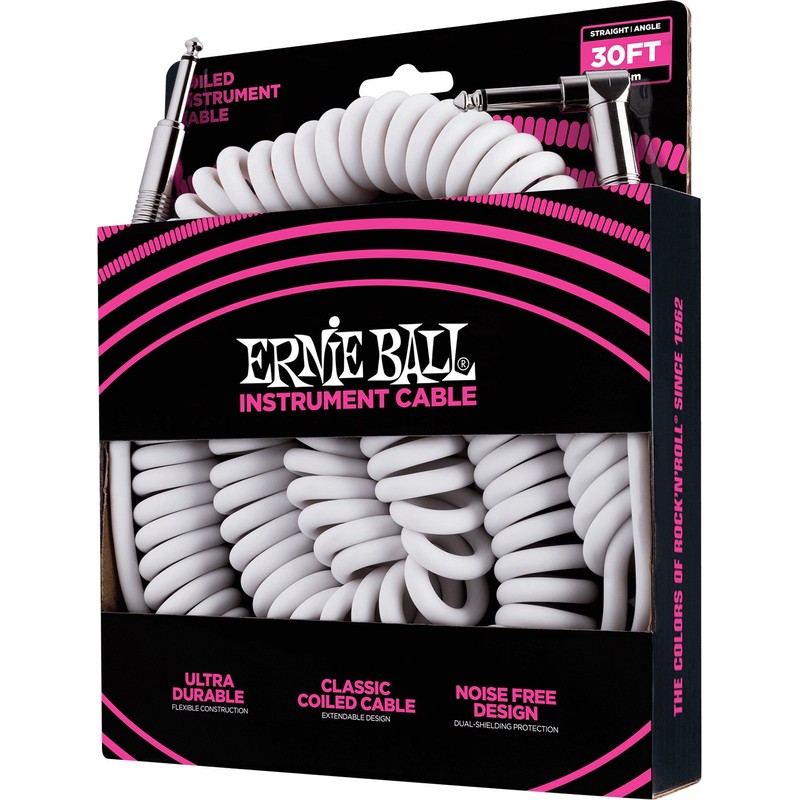 Ernie Ball Coiled Instrument Cable, Straight/Angle, 30ft, White (P06045)