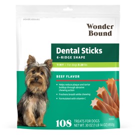 Wonder Bound Beef Flavor Dental Sticks for Tiny Dogs (5-20 lbs), 6-Ridge Shape for Plaque & Tartar Control, Freshens Breath, Formulated with Vitamin C, 108 Count