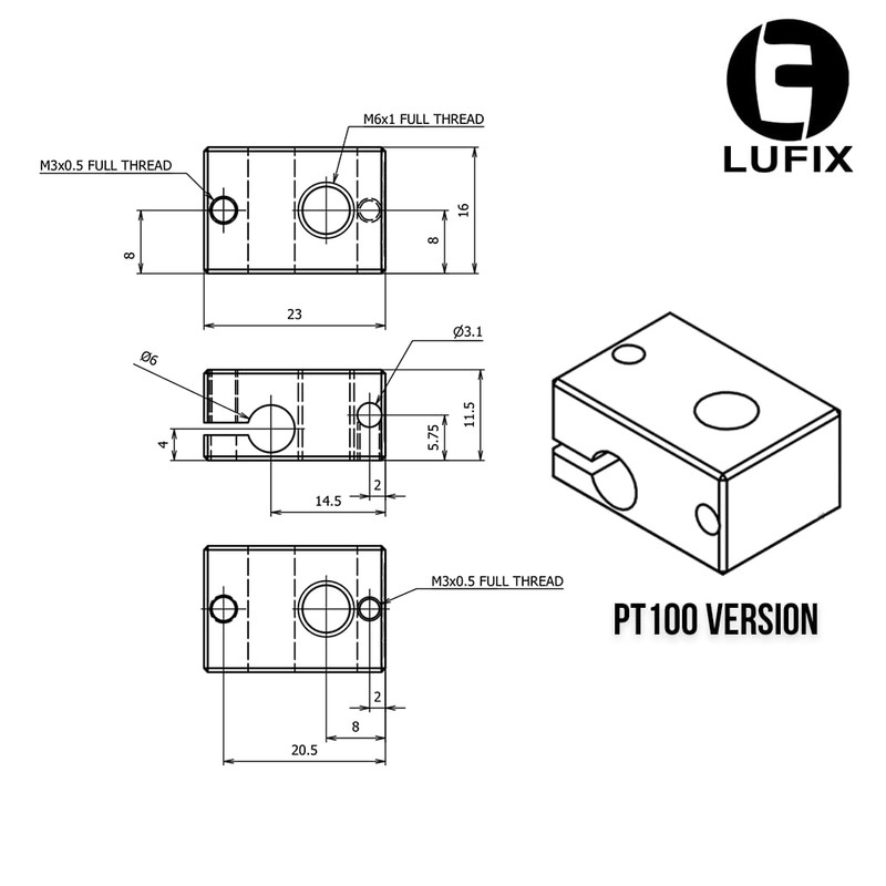 Lufix V6 Heating Block PT100 Version - 3D Printer Heating